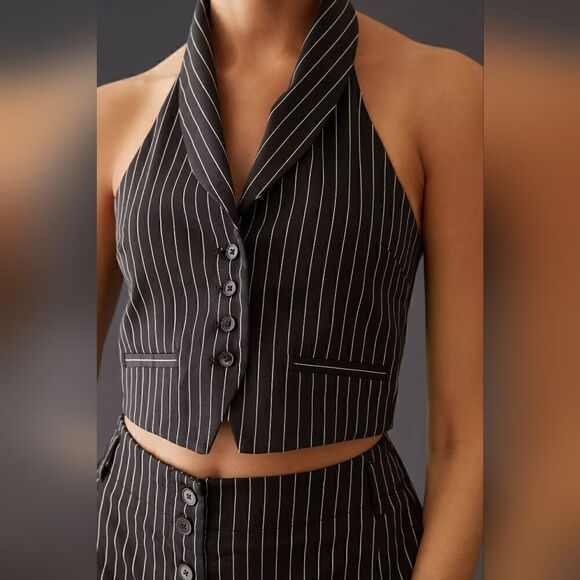 Anthropologie Mauve Black Pinstripe Halter Button Down Vest Size 10 NWT - Picture 2 of 7